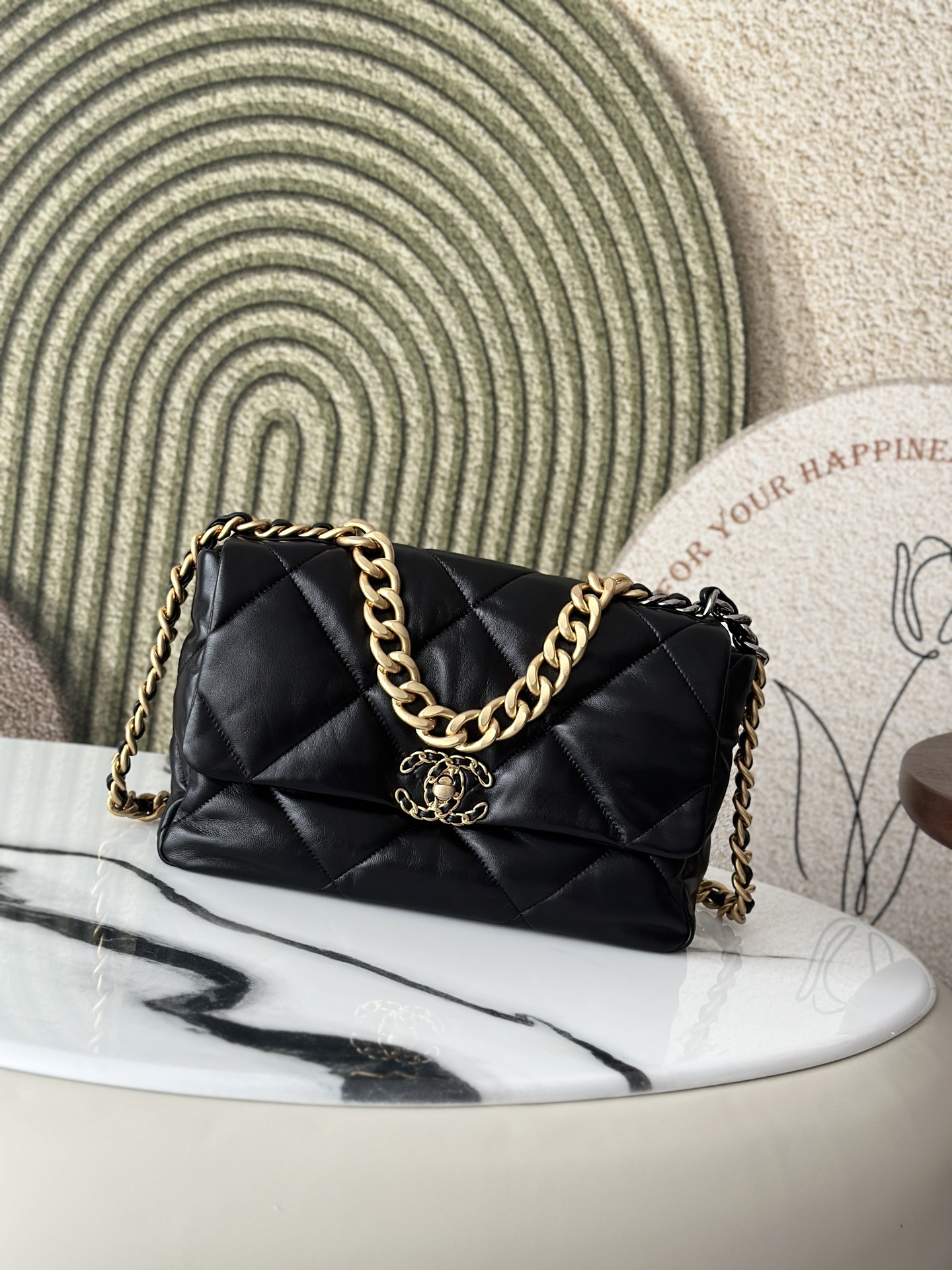 19 Black Goatskin Quilted Flap Bag with Mixed Metal Hardware - Mocuir