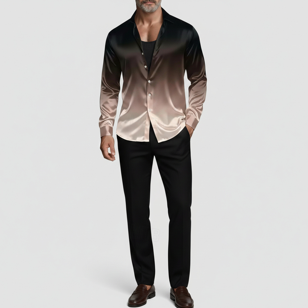 Men's Gradient Satin Shirt Collar Single Breasted  Long Sleeve Shirts