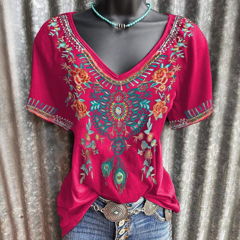 Flower Embroider Women V-collar Casual Tees