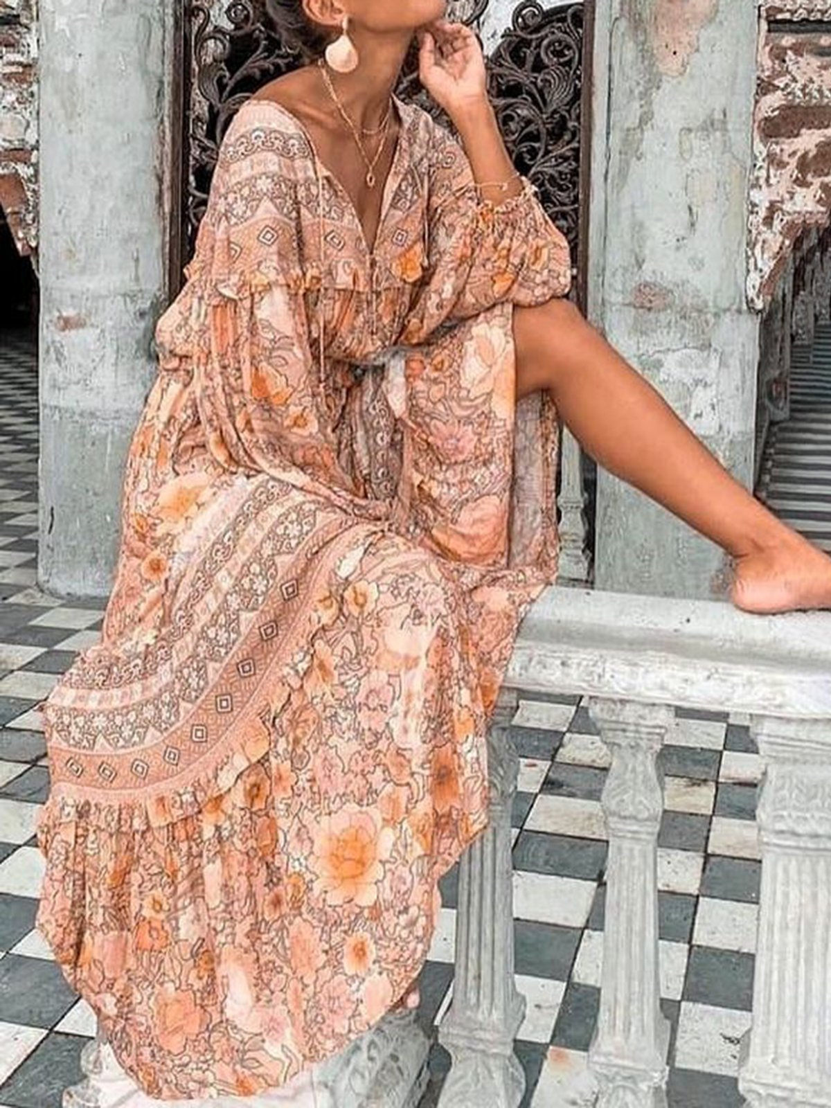 Women Tribal Long Sleeve Boho Cotton Maxi Dresses