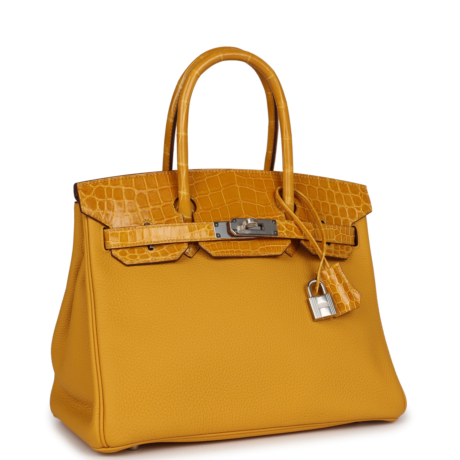 Birkin 30 Jaune Ambre Shiny Niloticus Crocodile and Togo Touch Palladium Hardware