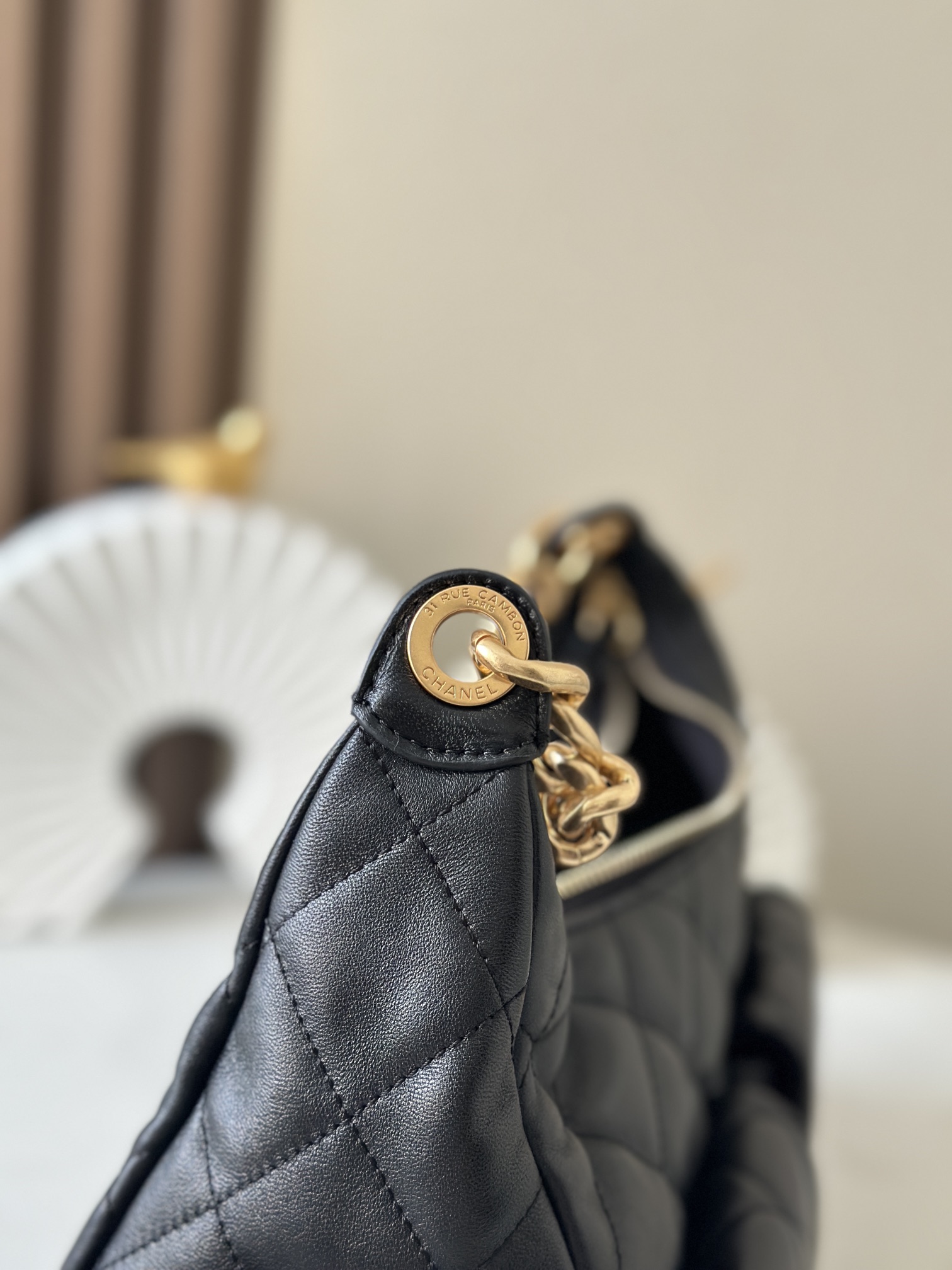 Black Quilted Lambskin Multi-Pocket Hobo Bag with Gold Hardware - Mocuir