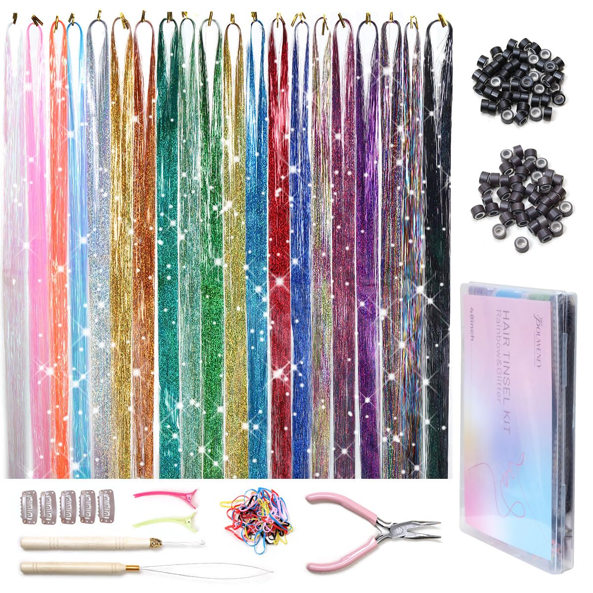 Hair Tinsel Kit, 20 Colors Fairy Tinsel Hair Extensions for Teen Girls Heat Resistant Glitter Hair Accessories for Christmas New Year Halloween Cosplay Party(48 Inch)
