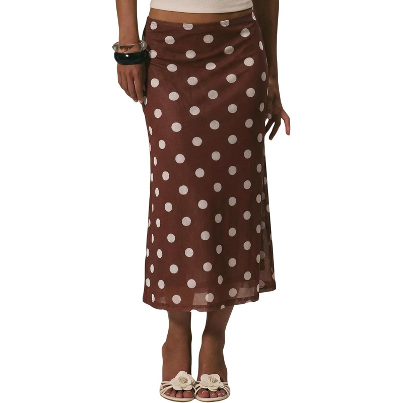 Women's Polka Dots Midi Skirt Summer Mesh Flowy Long Skirts
