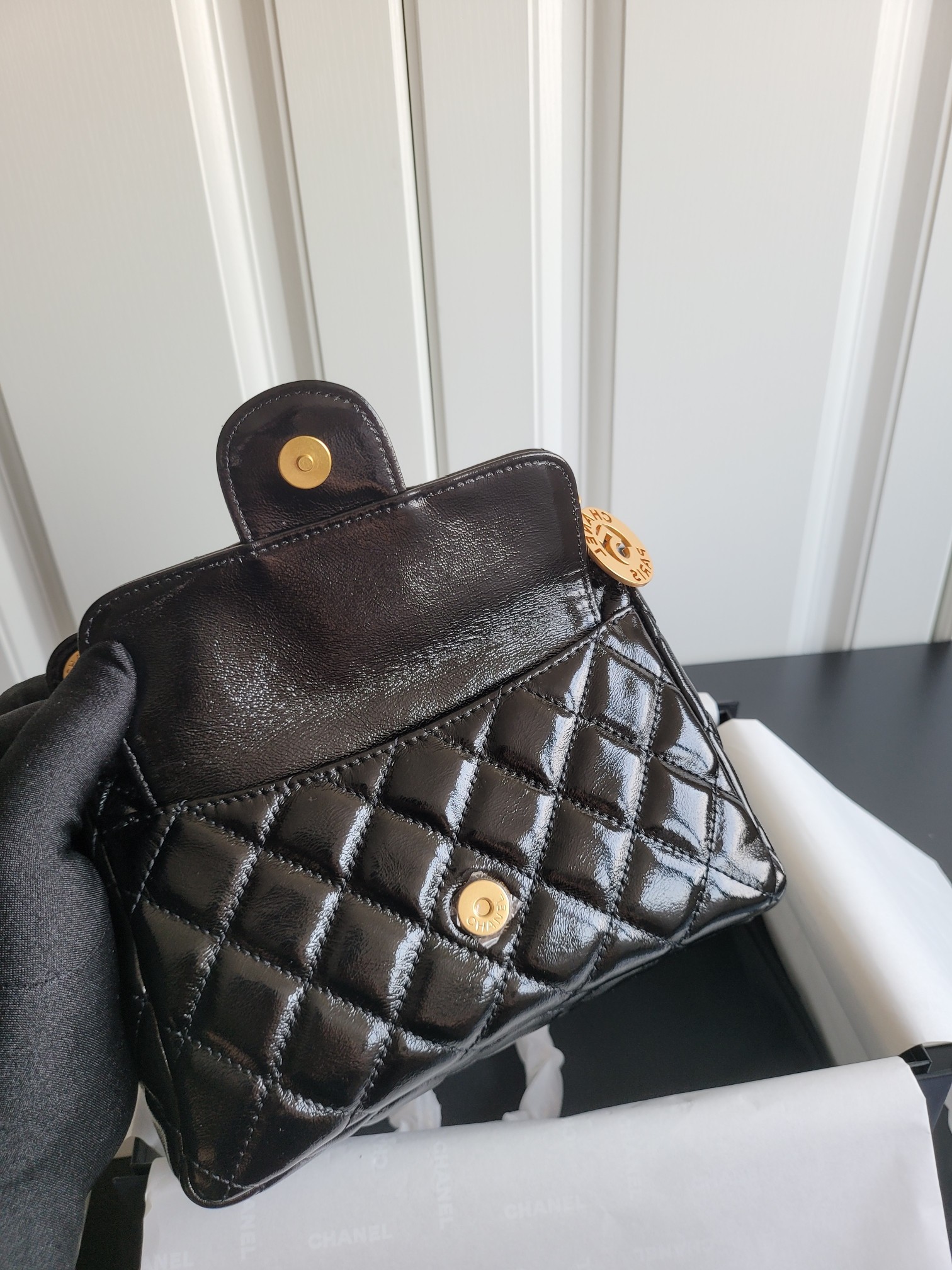 24C Mini Hobo Bag (AS4846) in Black Quilted Shiny Calfskin with Light Gold-Tone Hardware & N°5 Charm - Mocuir