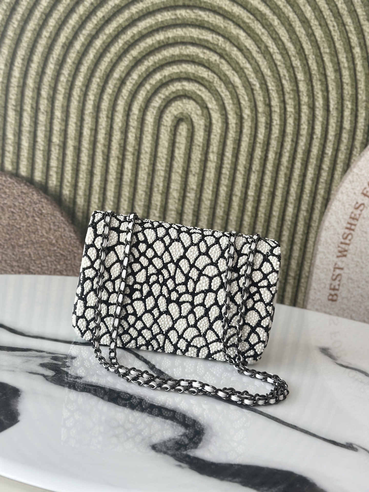 Classic Flap Mini Bag in Black & White Pearl Embellished Crocodile Pattern (Black Hardware) - Mocuir