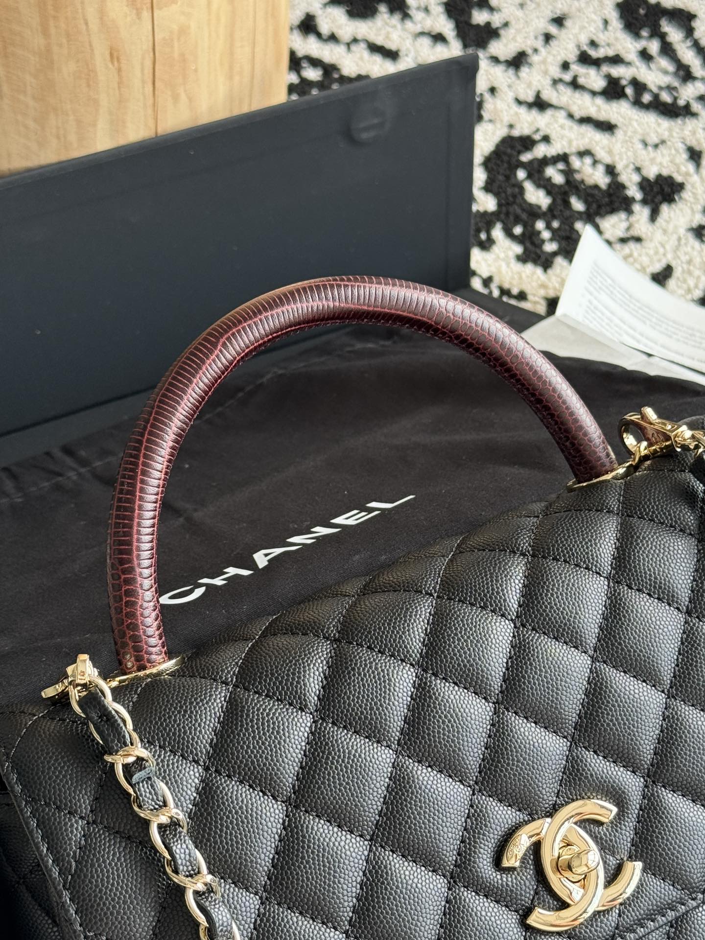 Small Coco Handle Flap Bag in Black Quilted Caviar Leather with Burgundy Lizard Handle and Light Gold-Tone Hardware - Mocuir