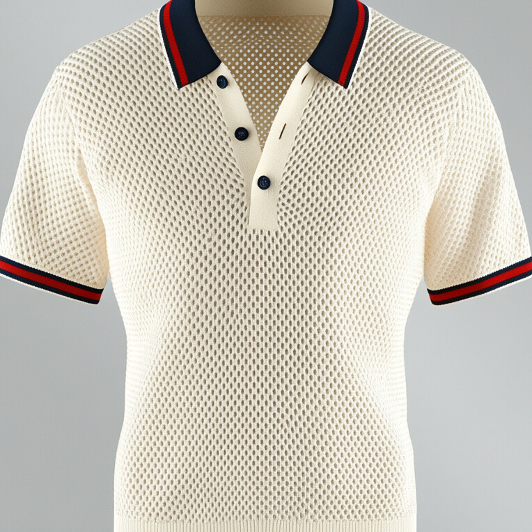 Men's Knitted Hollow Out Contrast Stripes Half Button Short Sleeve Polo Shirt