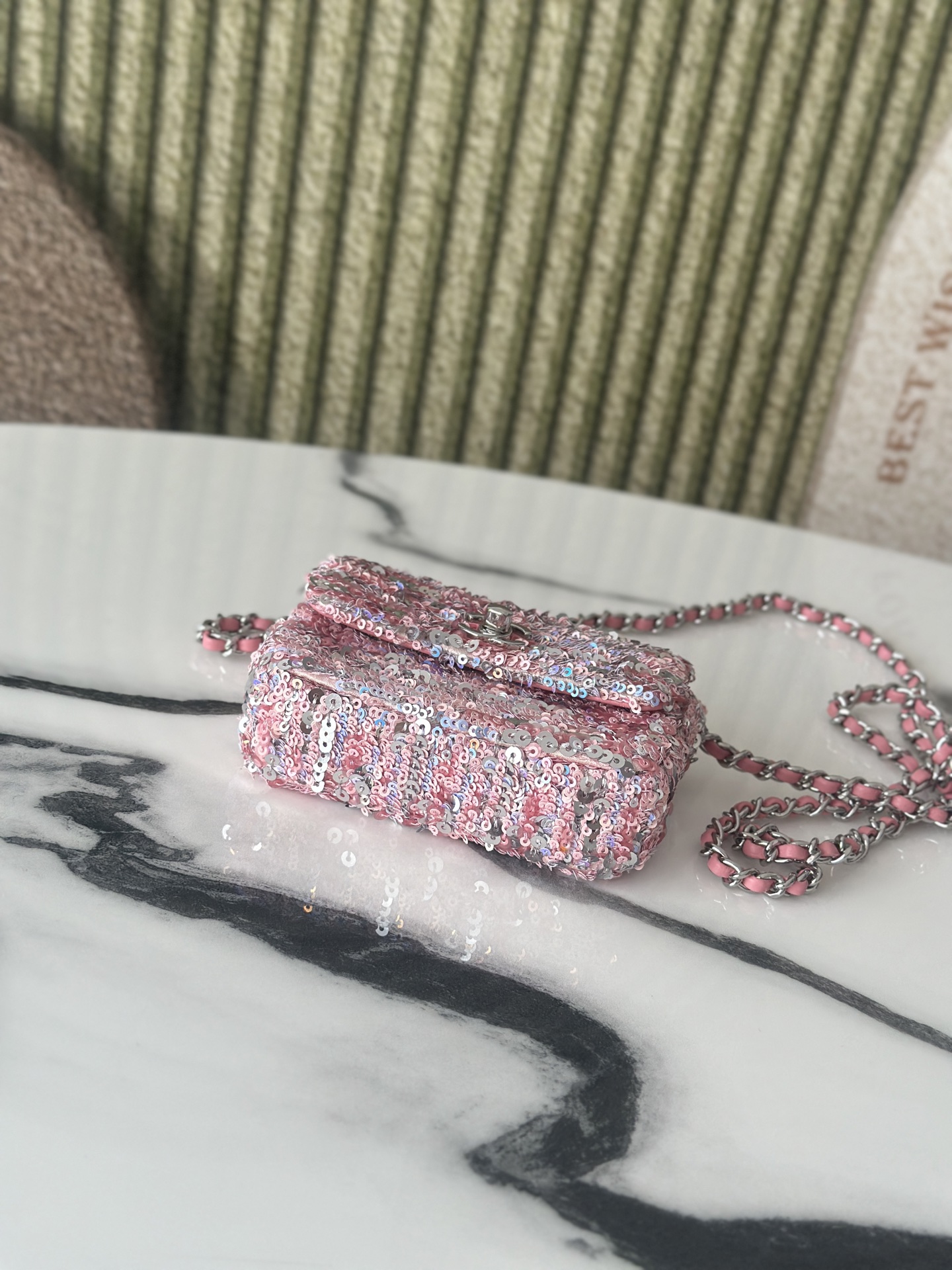 23C Large Mini Classic Flap Bag (AS3965) in Peach Pink Hand-Embroidered Sequins on Lambskin with Silver-Tone Hardware - Mocuir