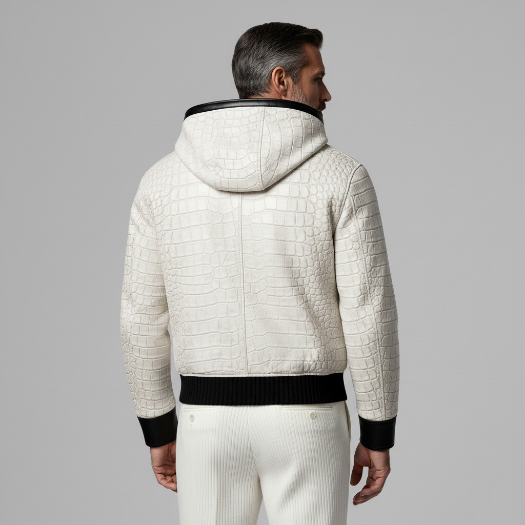 Men's White PU Leather Crocodile Pattern Contrast Binding Two-Way Zipper Hooded Jacket