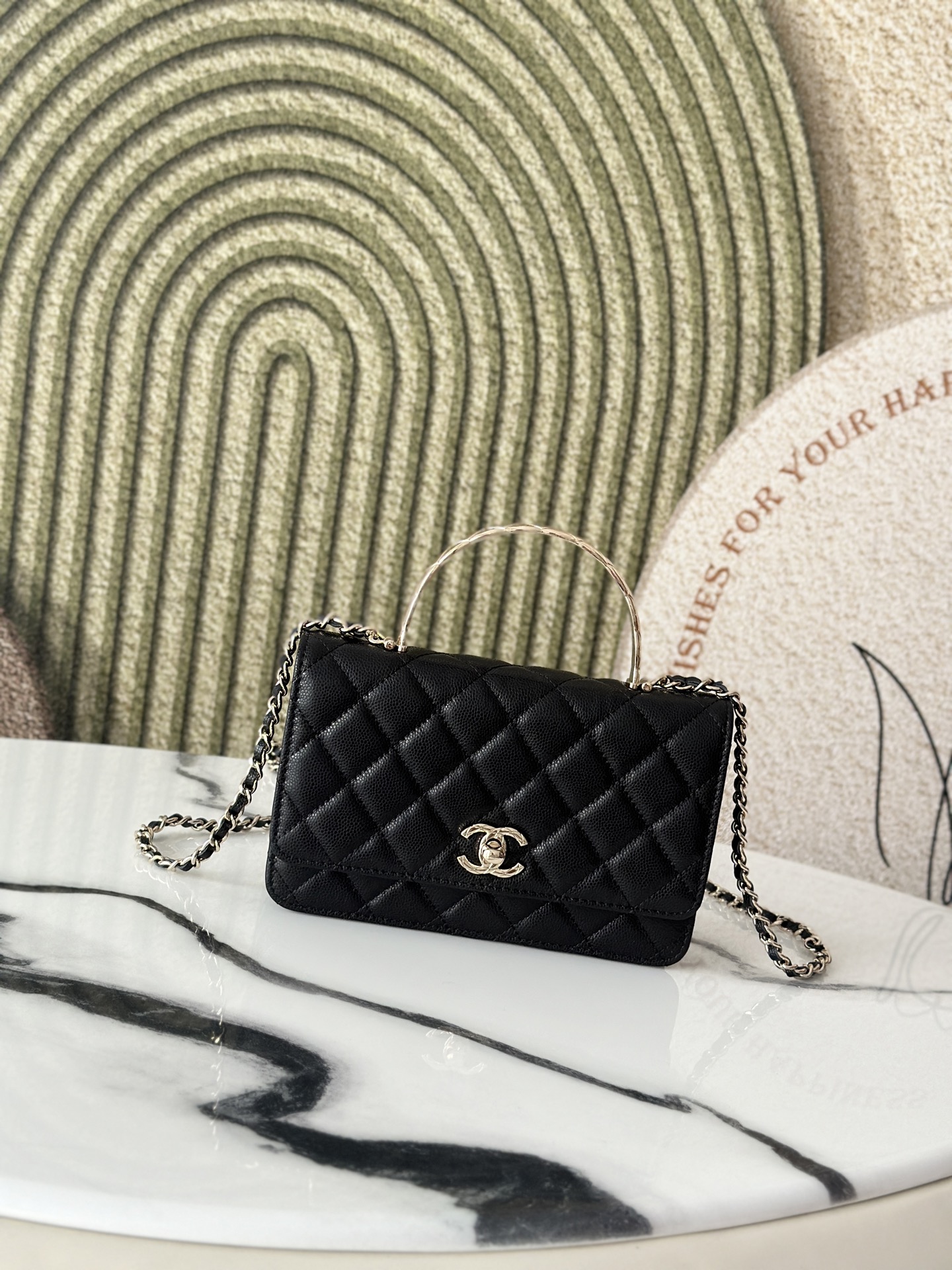 Black Caviar Quilted Wallet On Chain (WOC) with Silver Metal Top Handle - Mocuir