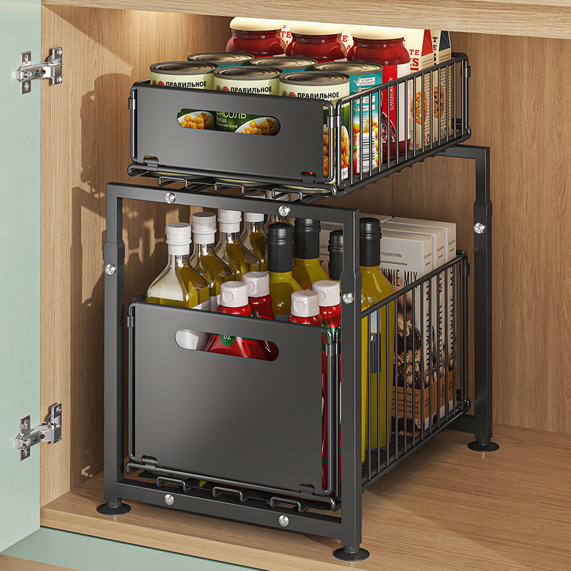 Kitchen cabinets under the sink pull-out shelf table height adjustable storage rack sundry seasoning bottles and cans.