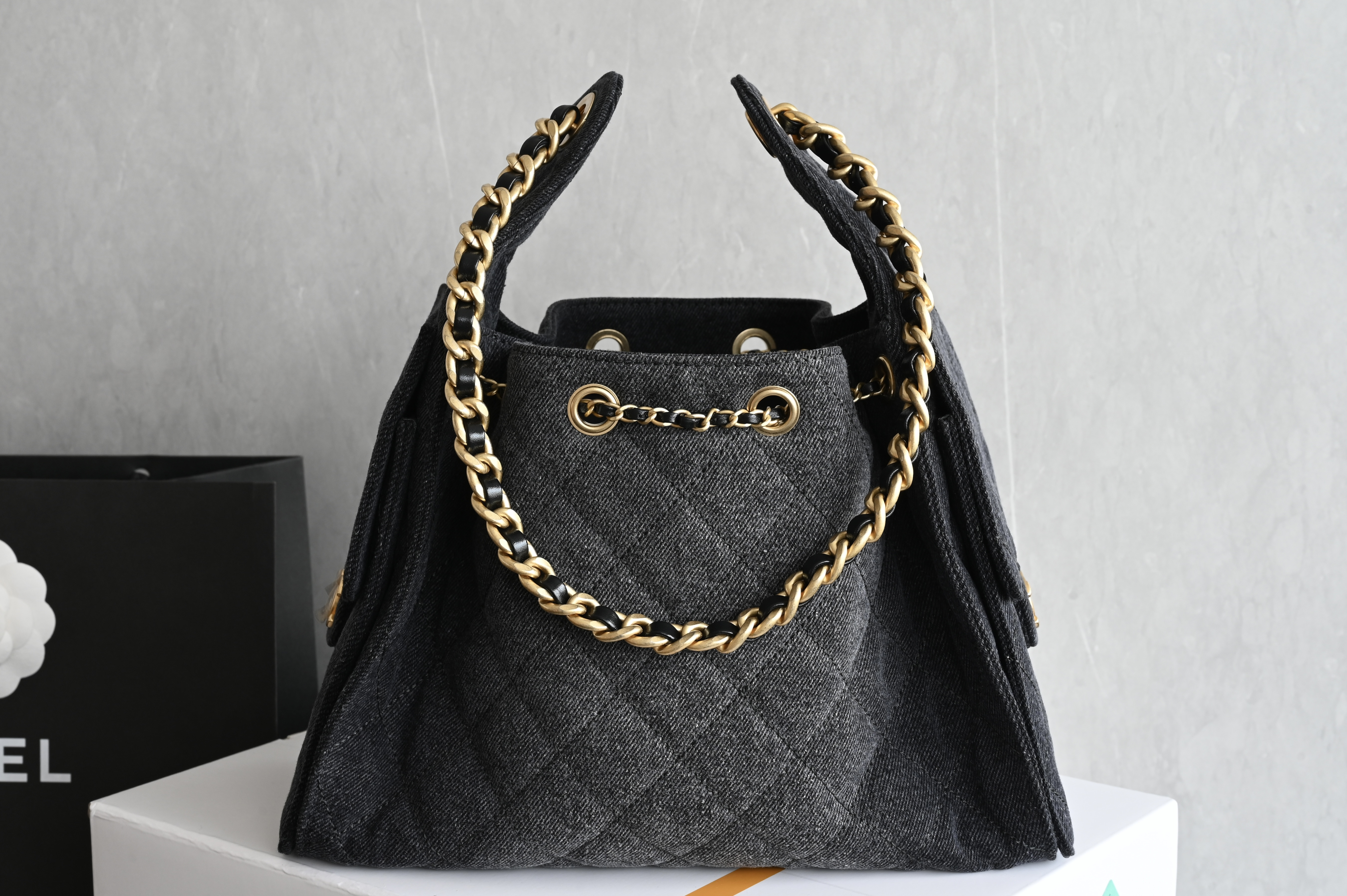 25 Small Handbag (AS5293) in Black Washed Denim with Antique Gold-Tone Hardware - Mocuir