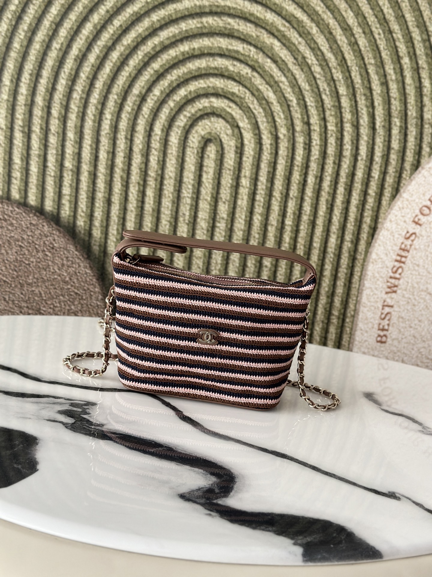 26P Cruise Mini Hobo Pouch with Chain in BrownPinkNavy Striped Crochet and Lambskin with Light Gold-Tone Hardware - Mocuir