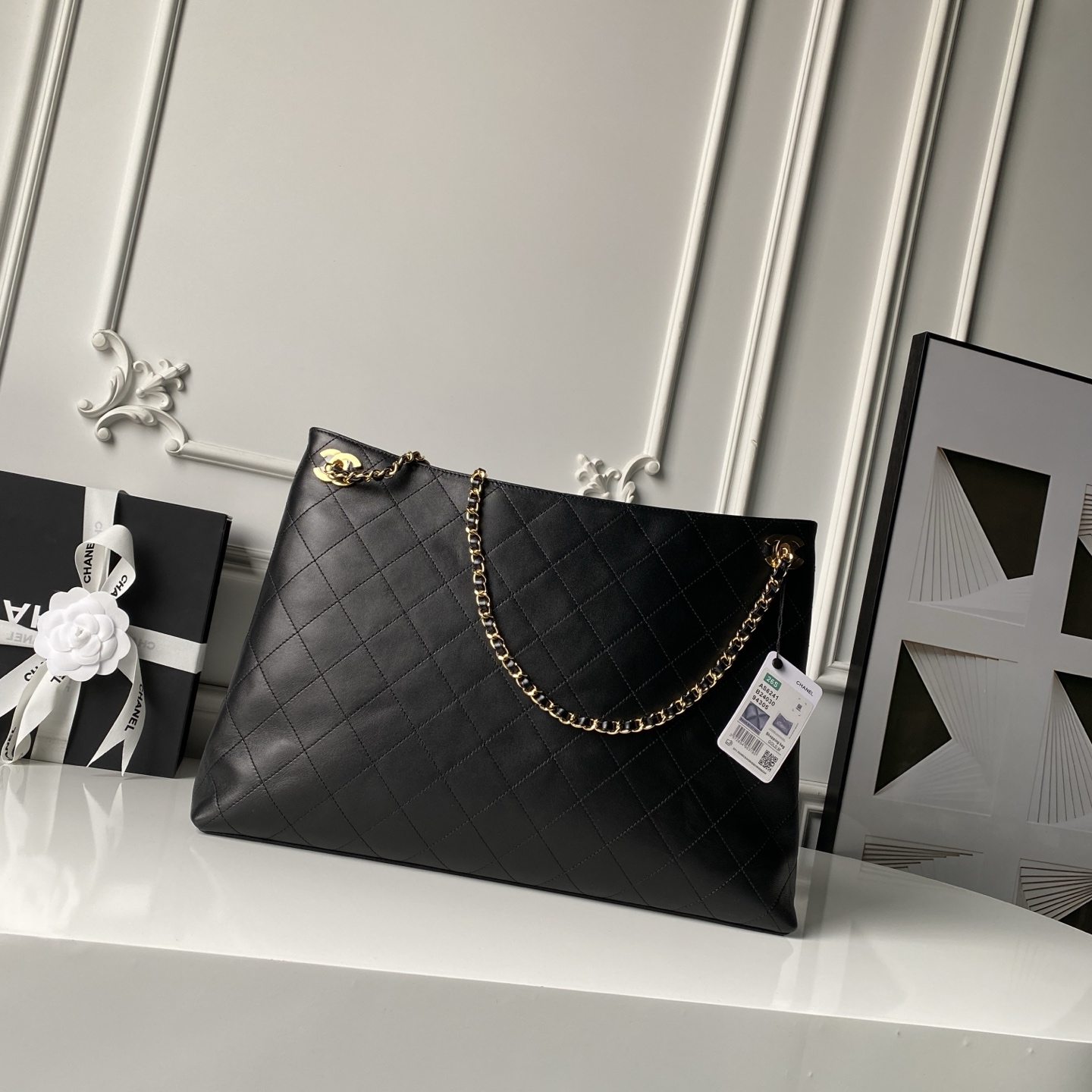 23S Large Shopping Tote Bag (AS2421) in Black Quilted Smooth Lambskin with Light Gold-Tone Hardware - Mocuir