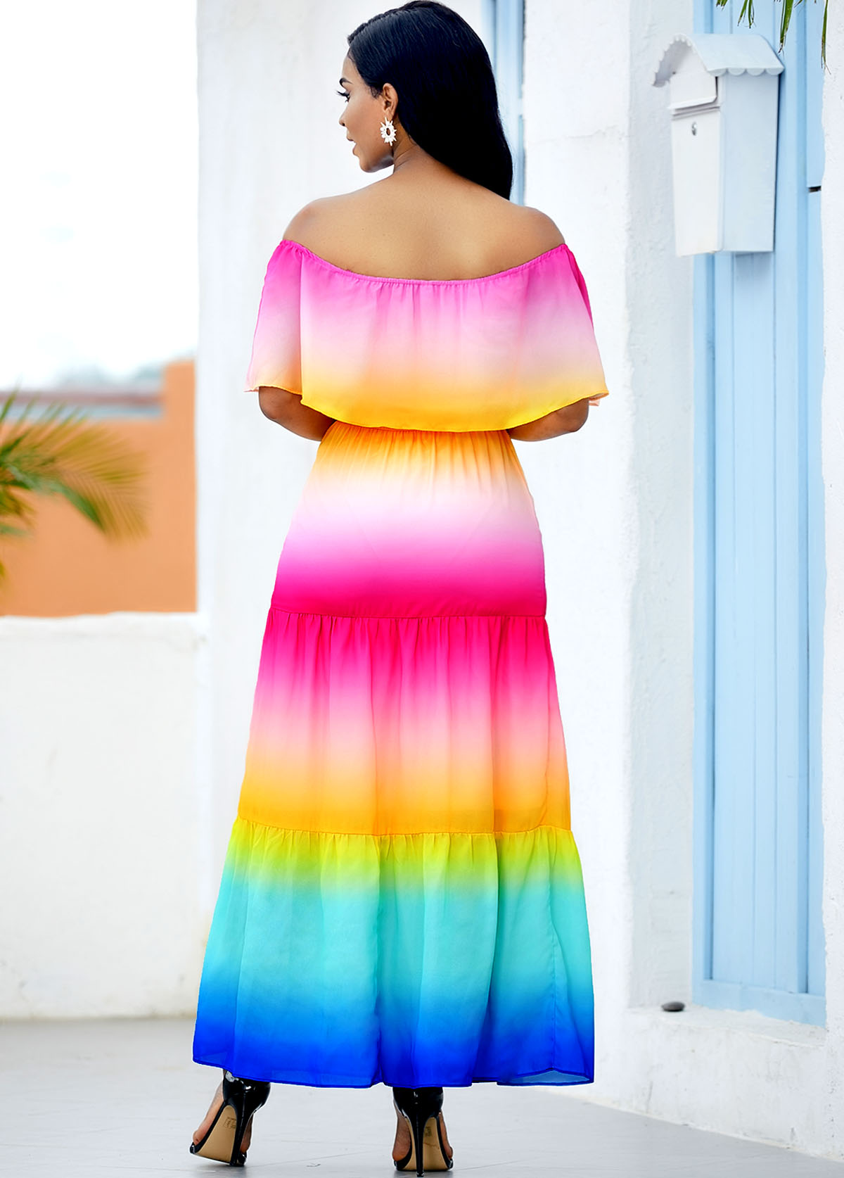 Ruffle Overlay Rainbow Color Printed Maxi Dress