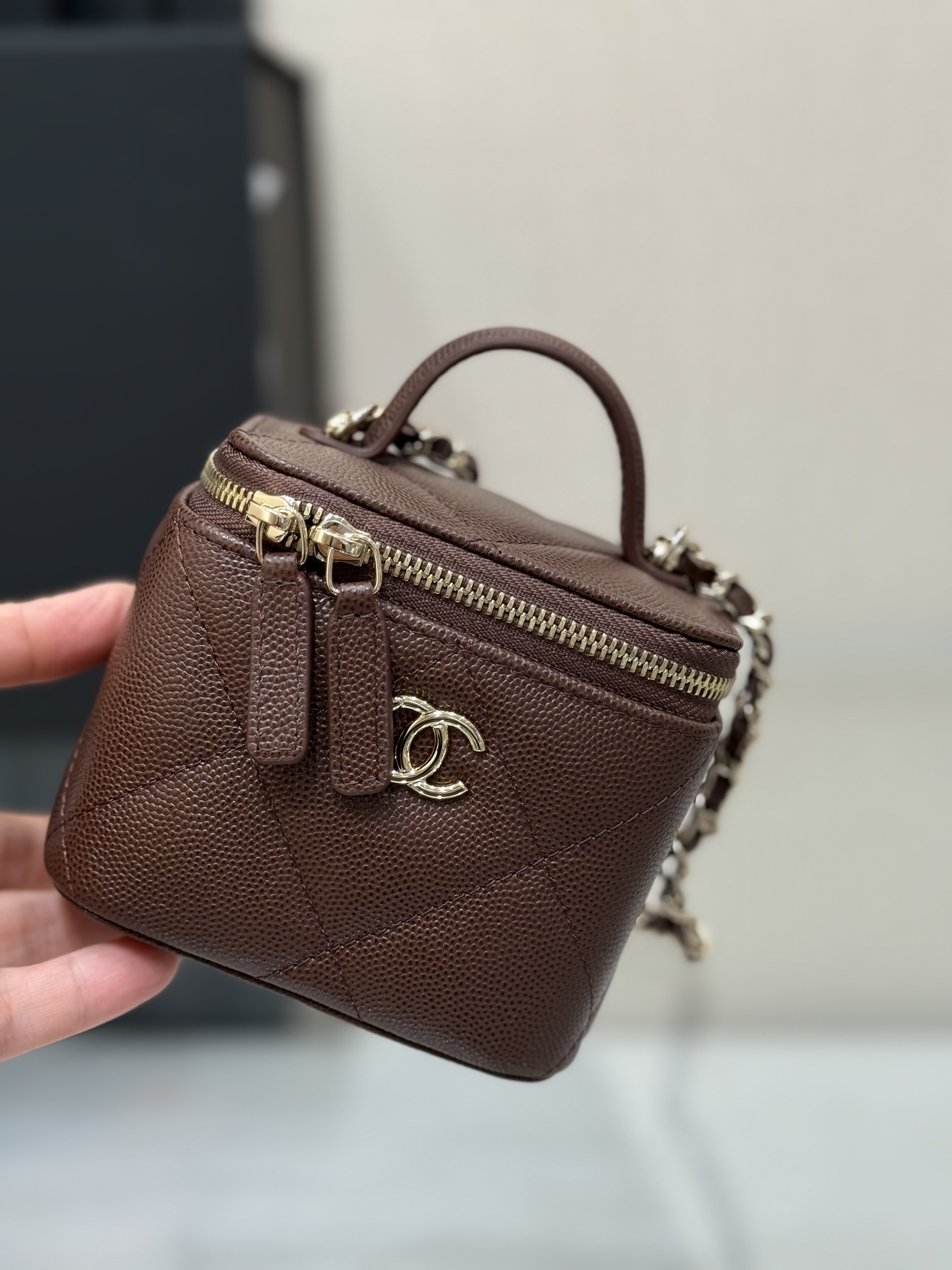 Mini Top Handle Vanity Case (AS5993) in Dark Brown Quilted Grained Calfskin (Caviar) with Antique Gold-Tone Hardware - Mocuir