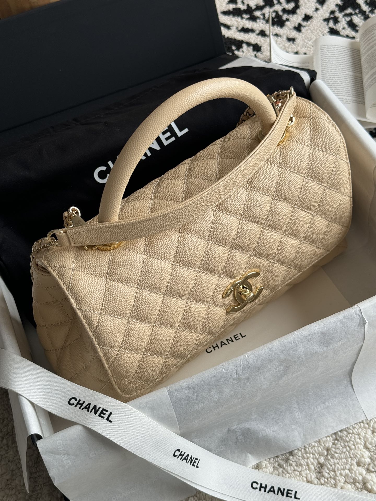 Small Coco Handle Flap Bag in Light Beige Quilted Caviar Leather with Light Gold-Tone Hardware - Mocuir