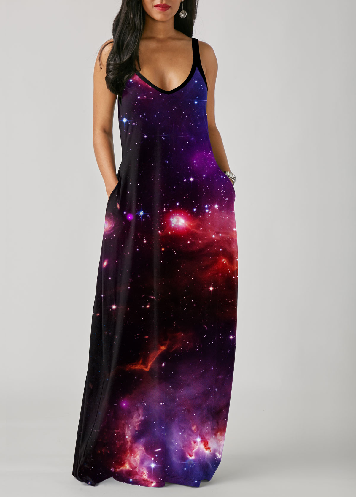 Starry Night Print Side Pocket Maxi Dress
