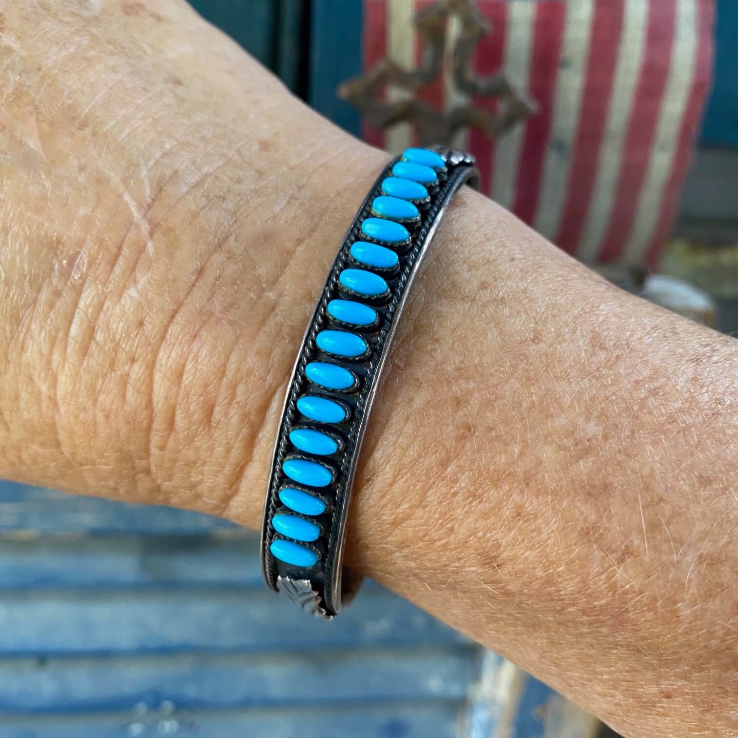 Needlepoint Turquoise Southwestern Row Bracelet in Sterling Silver