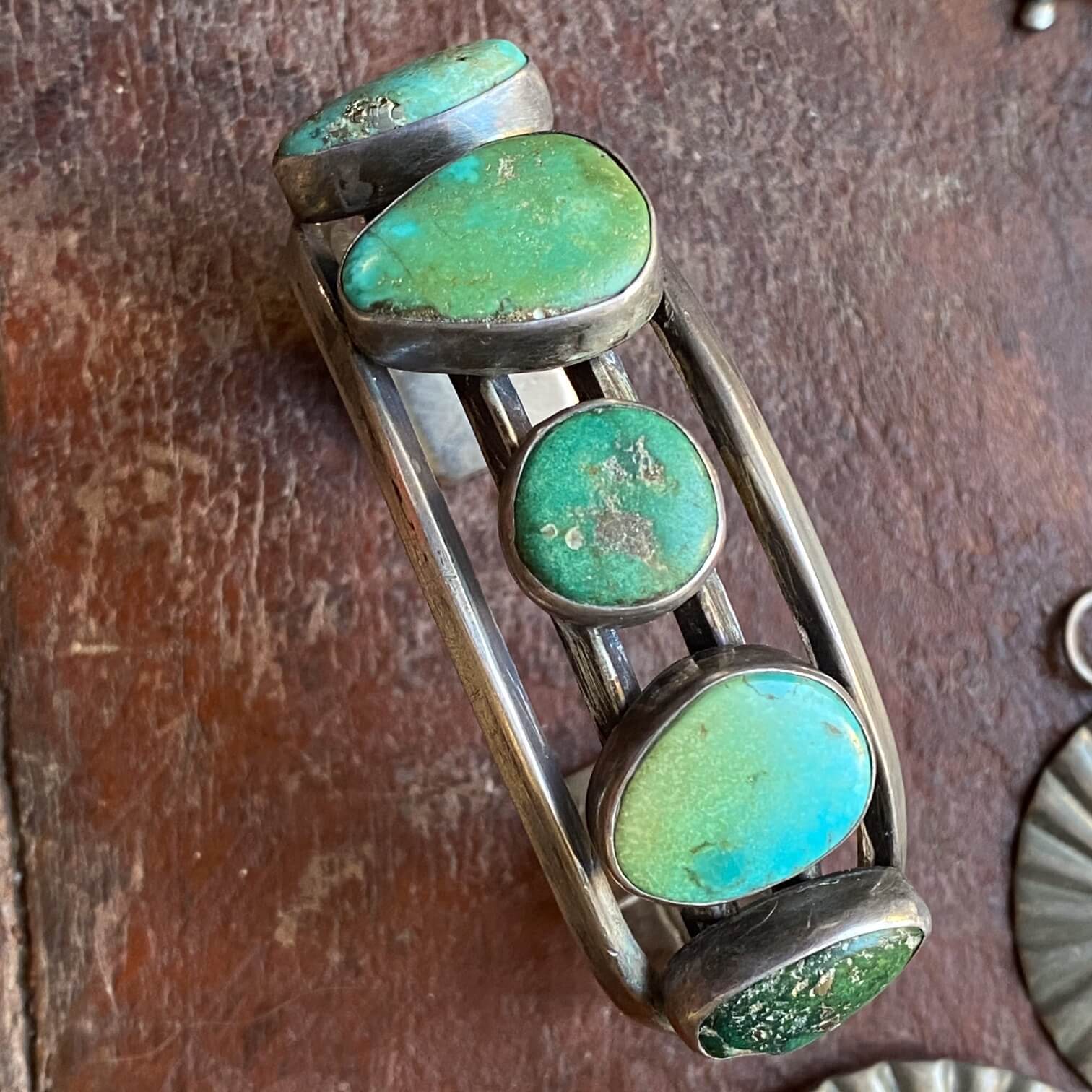 Early Navajo Cuff Bracelet with Bi-Colored Natural Turquoise Sterling