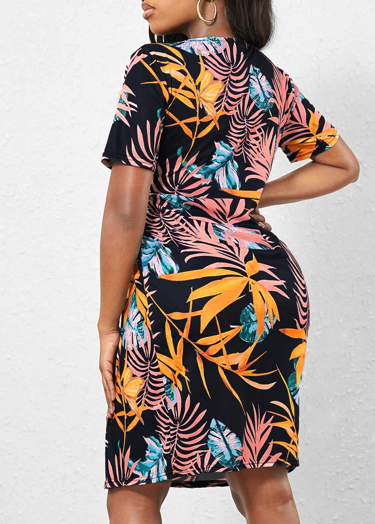 Navy Blue V Neck Leaf Print Dress