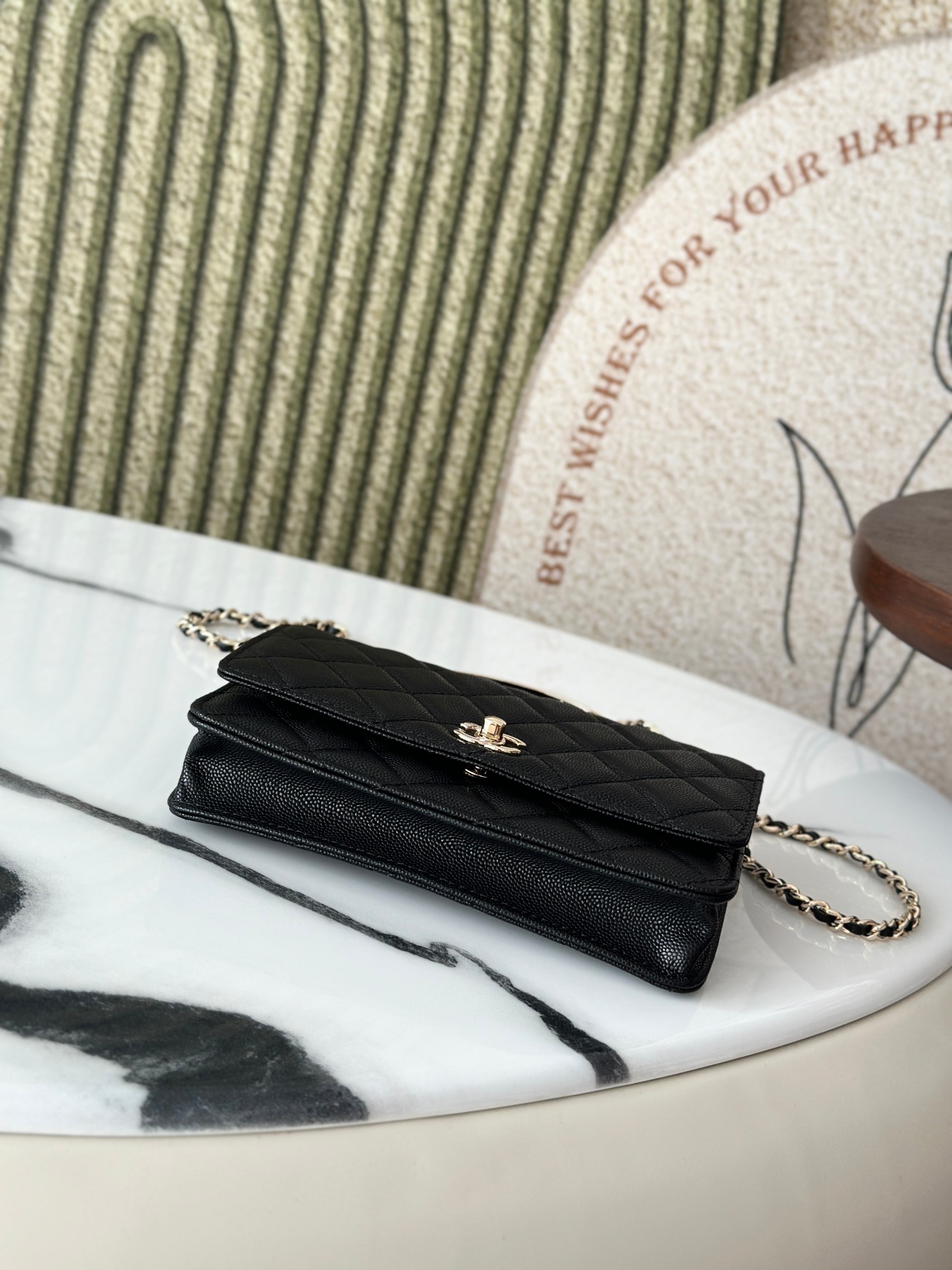 Wallet on Chain with Top Handle in Black Quilted Caviar Leather with Gold-Tone Hardware - Mocuir