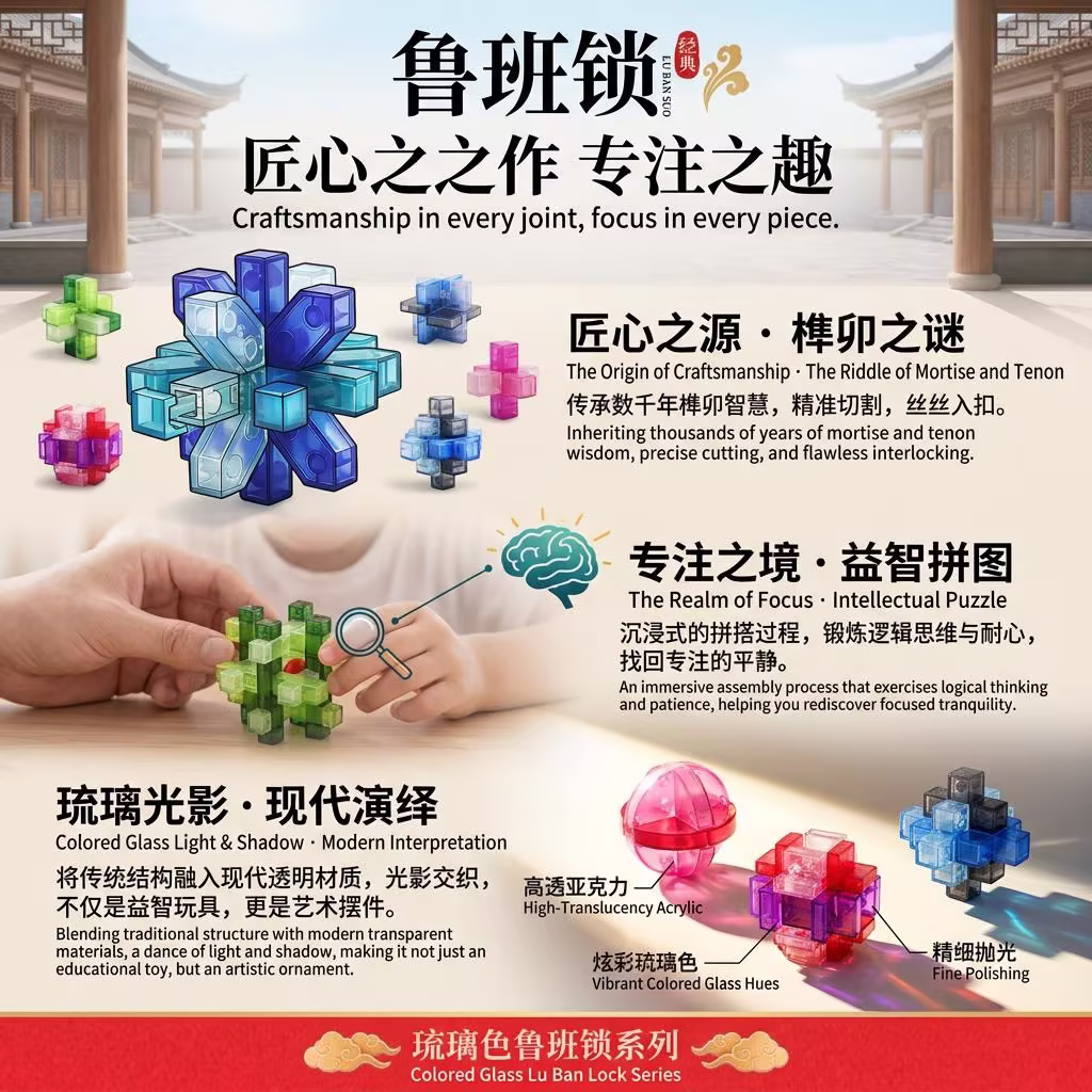 Glazed Color Luban Lock 12-Piece Puzzle Set | Transparent Mortise and Tenon Brain Teasers 琉璃色鲁班锁 12 件套装 | 透明榫卯益智解锁玩具