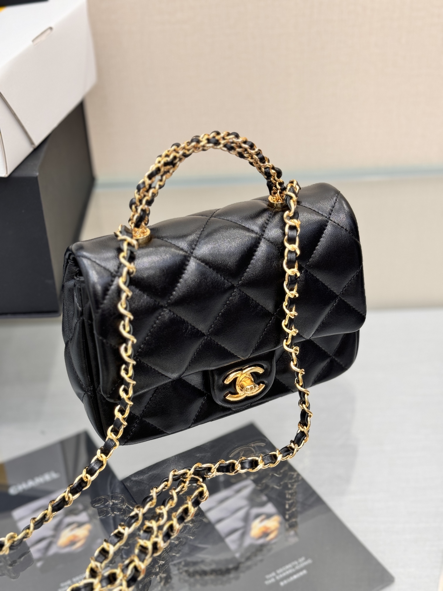 24B Classic Flap Mini with Twist Handle in Black Waxed Lambskin with Gold-Tone Hardware (Model AS5166) - Mocuir