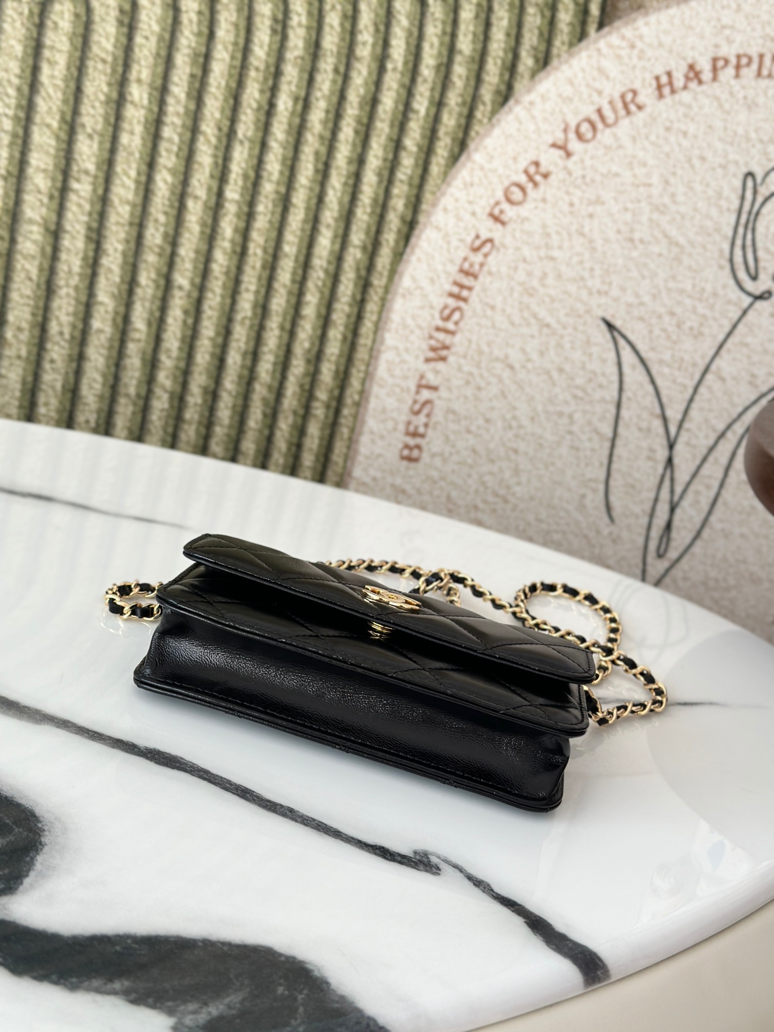 Black Shiny Calfskin Mini Flap Bag with Chain Handle (Model AP3656) - Mocuir