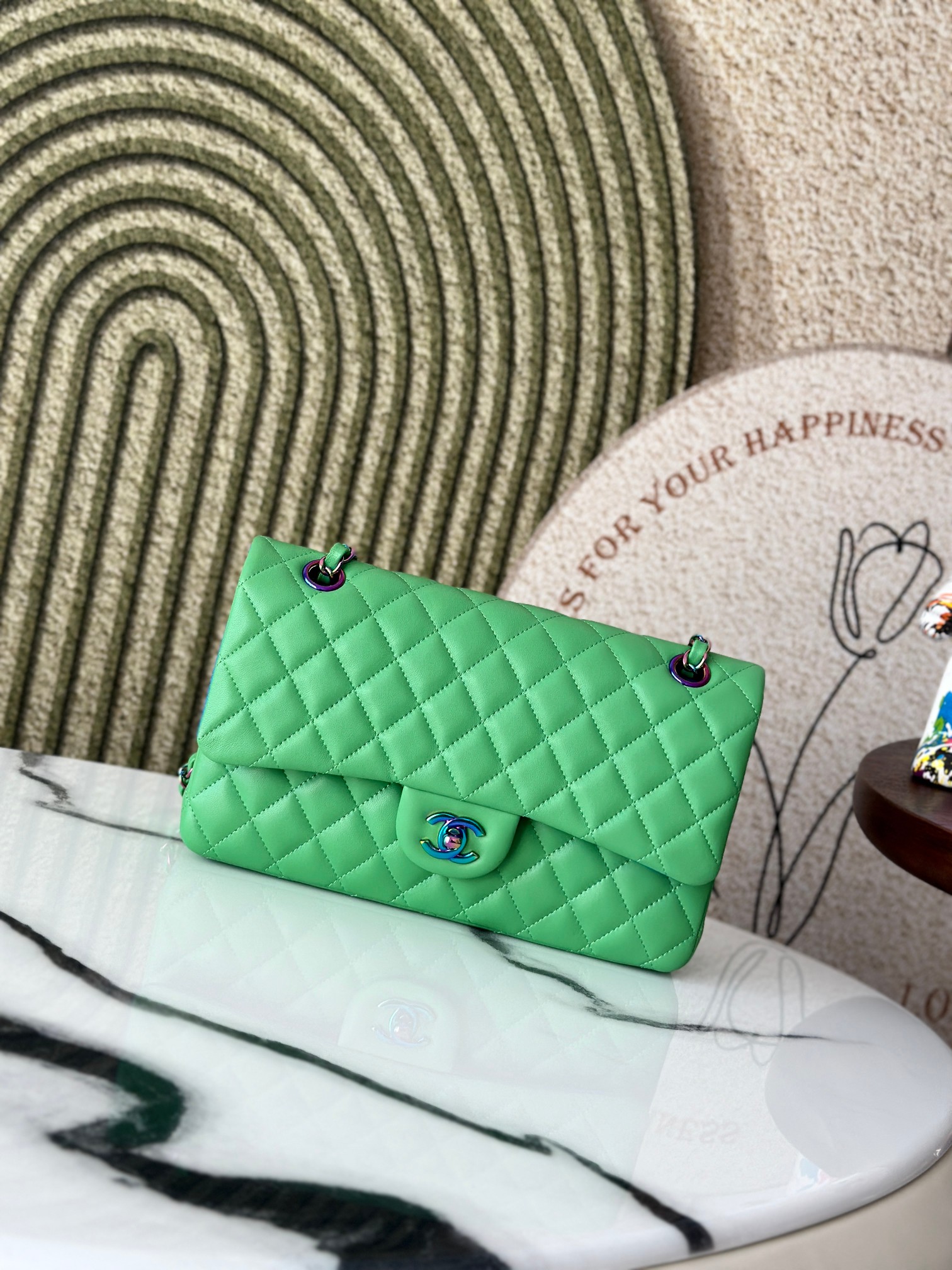 Classic Flap Medium Bag in Avocado Green Lambskin with Iridescent Rainbow Hardware (Model A01112) - Mocuir