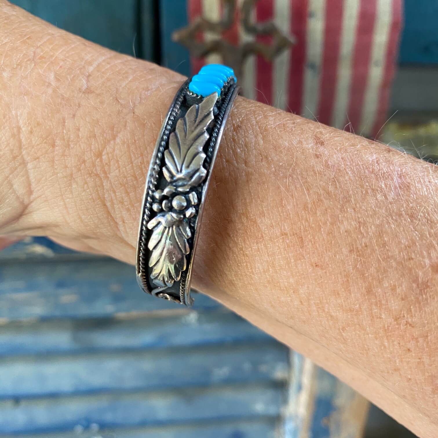 Needlepoint Turquoise Southwestern Row Bracelet in Sterling Silver