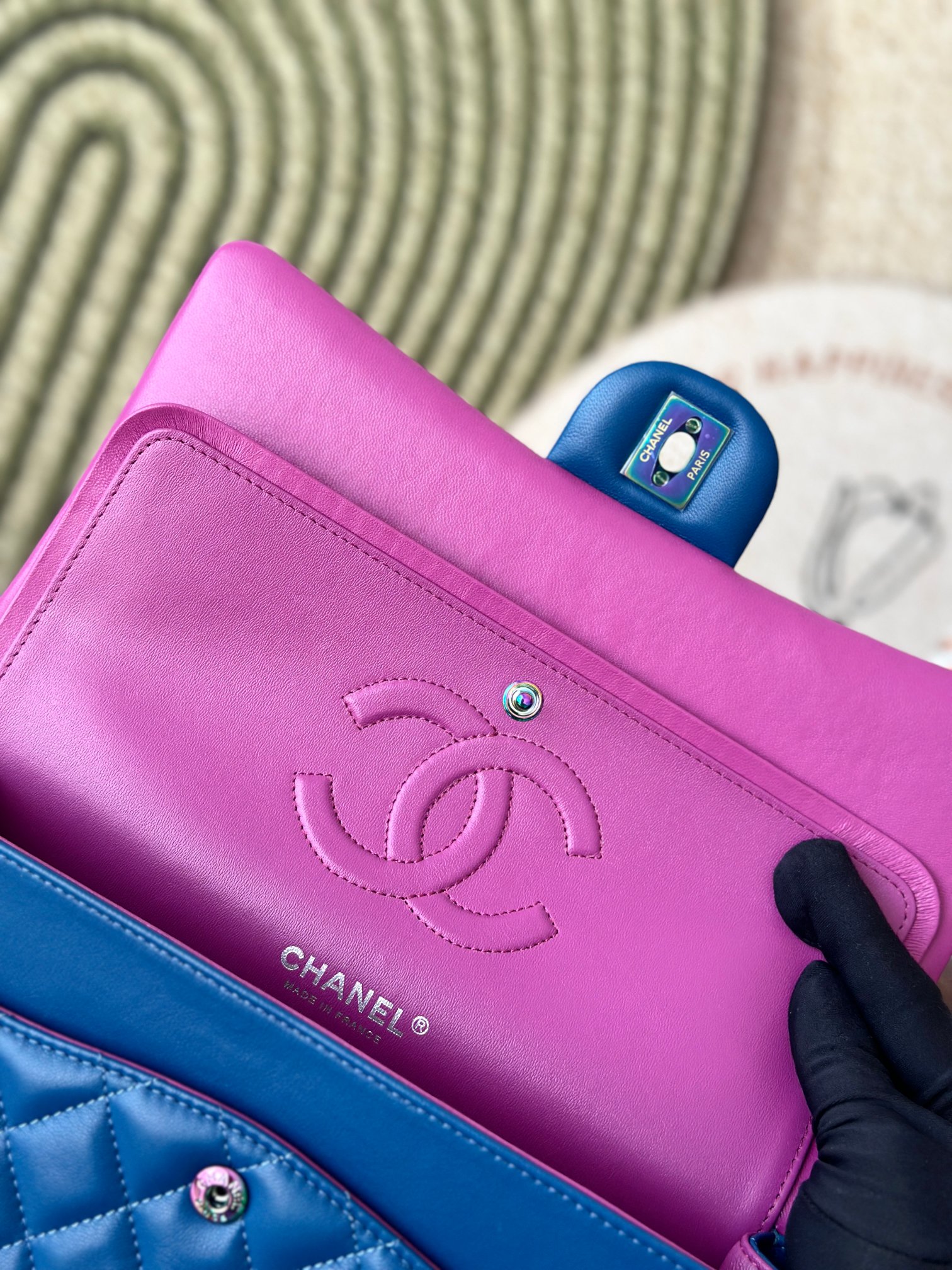 Classic Flap Medium Bag in Electric Blue Lambskin with Iridescent Rainbow Hardware (Model A01112) - Mocuir