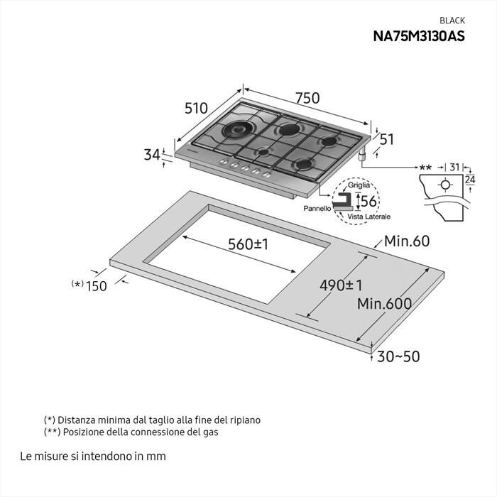 SAMSUNG - Piano cottura a gas NA75M3130AS/ET 5 fuochi-ACCIAIO INOX