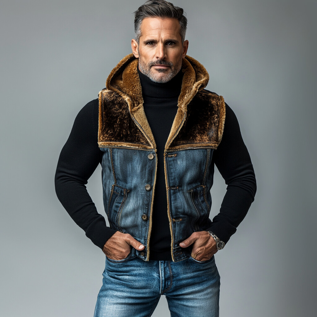 Men's Plush Patchwork Denim Single Breasted Hooded Vest