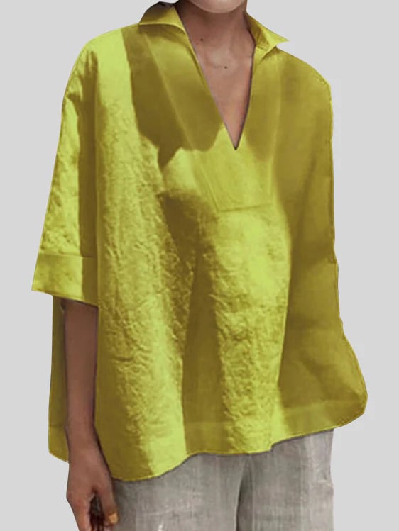 Casual Loose Solid 3/4 Sleeve V Neck Shirt