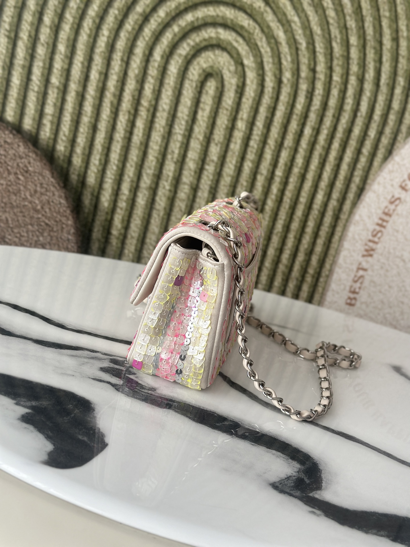 25C Mini Classic Flap Bag (AS3269) in Multicolor Striped Hand-Embroidered Sequins on Lambskin with Silver-Tone Hardware - Mocuir