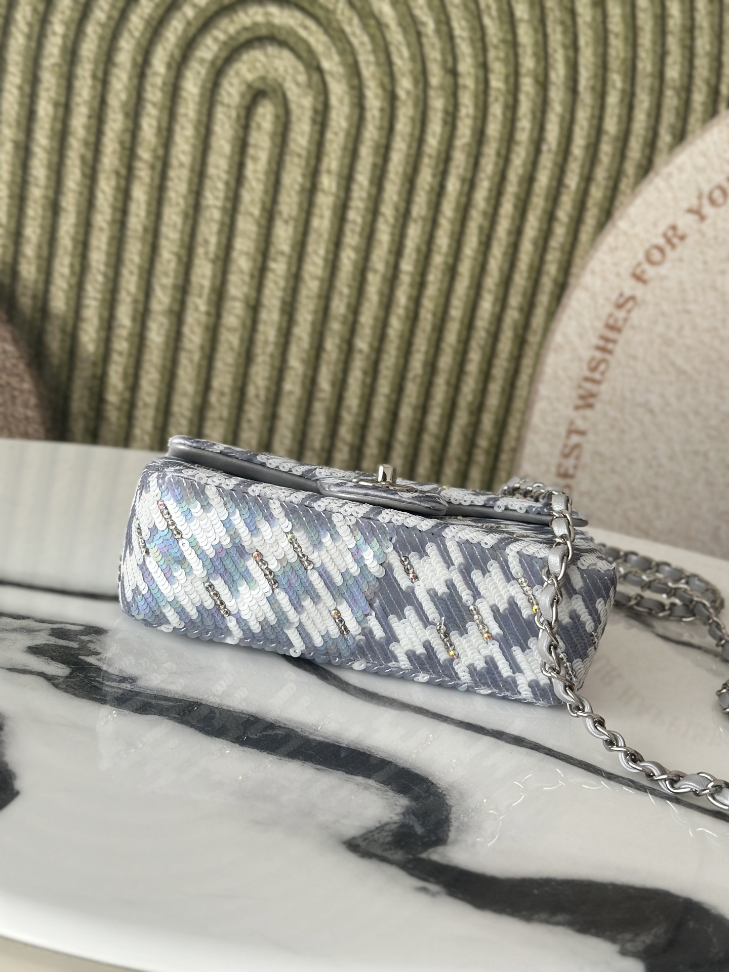 Limited Edition Silver Grey & White Houndstooth Sequin & Strass Mini Classic Flap Bag with Silver-Tone Hardware - Mocuir