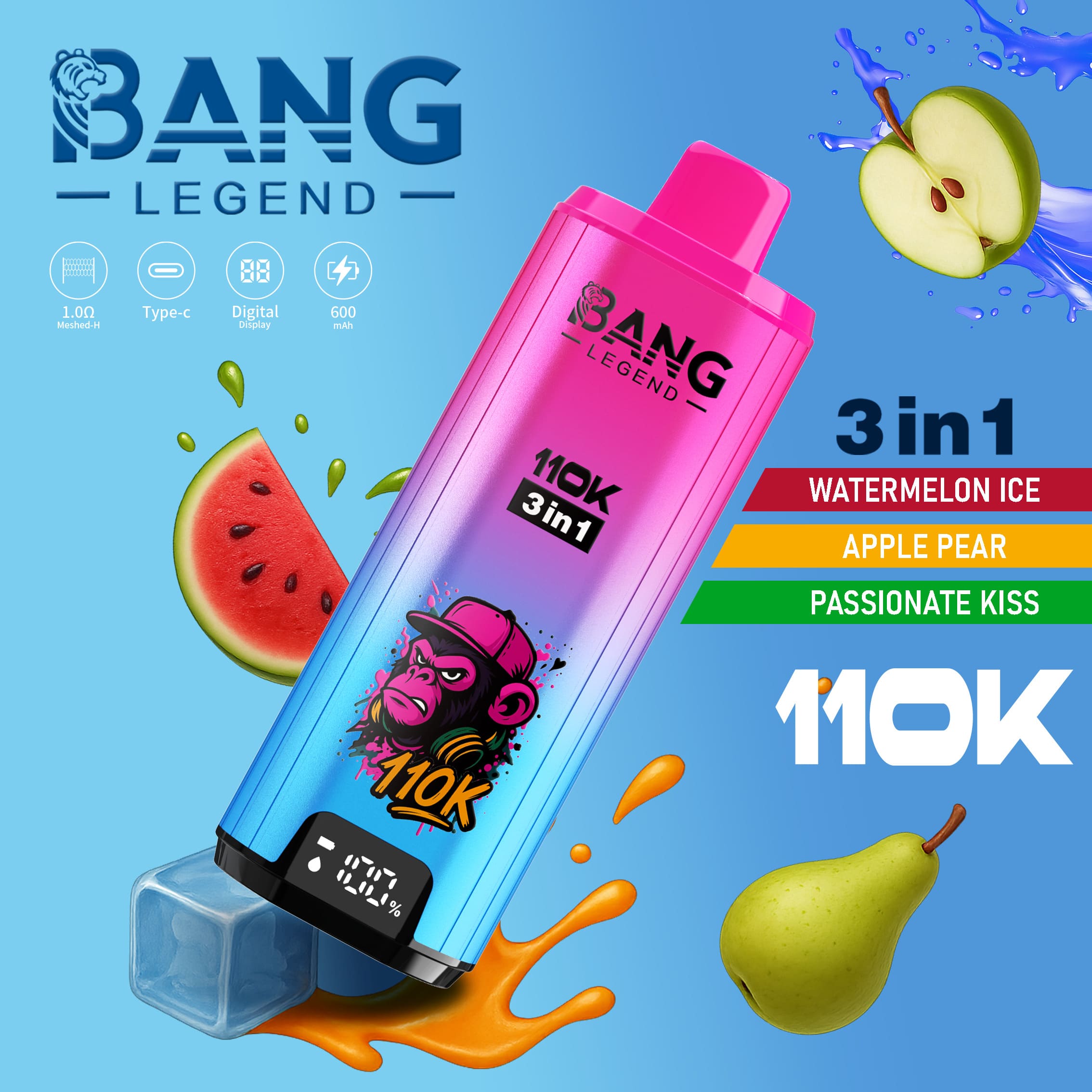 【New Arrive】Bang Legend 110000 Puffs 3in1 Vape – Ultra Long-Lasting, Mesh Coil, Type-C Charging
