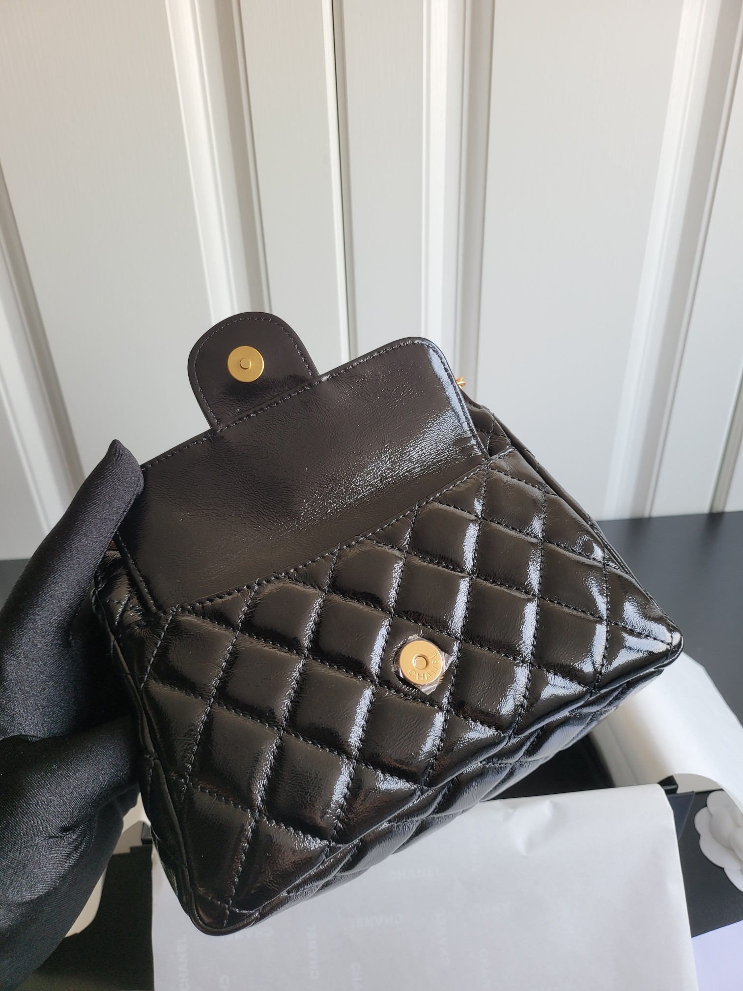24C Mini Hobo Bag (AS4846) in Black Quilted Shiny Calfskin with Light Gold-Tone Hardware & N°5 Charm - Mocuir