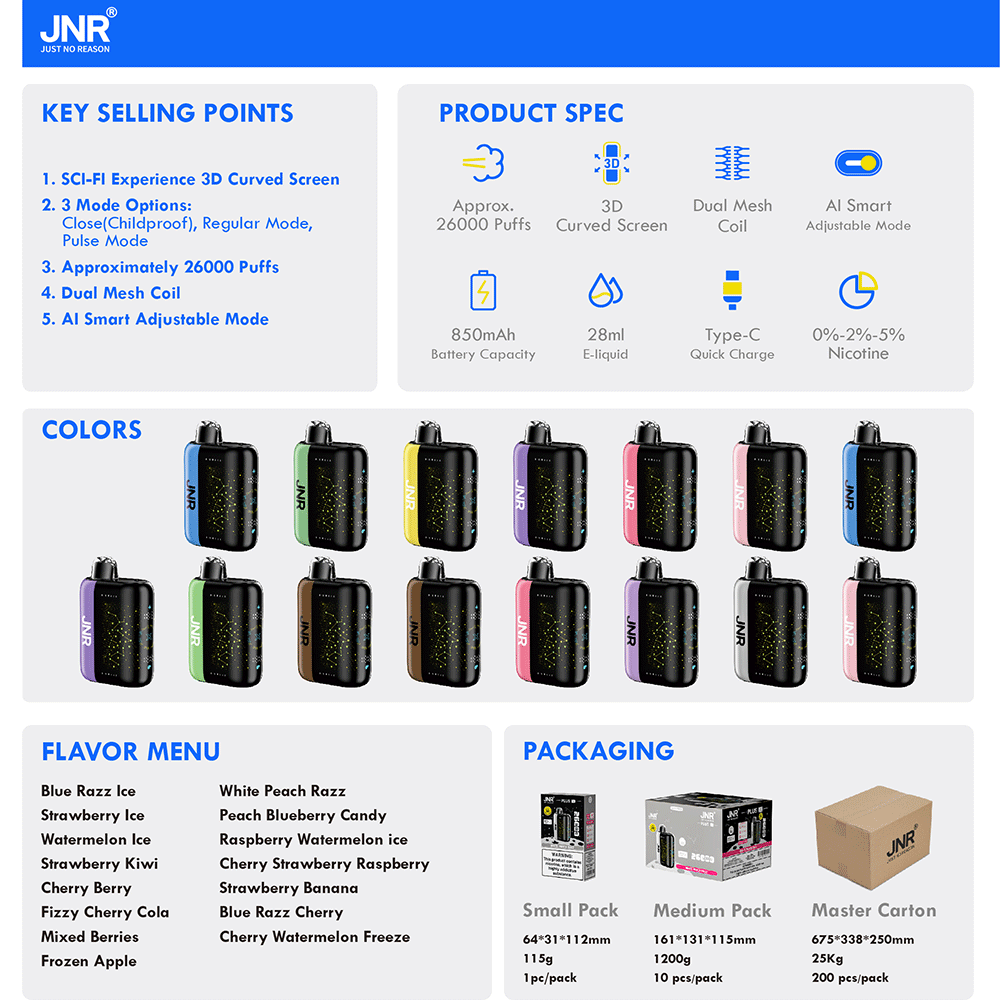 （3 pieces）JNR Plus X 26000 26K Puffs Hottest LED Display Disposable Vape