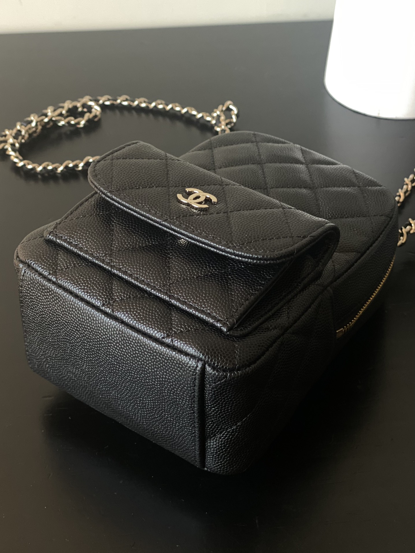 Mini Backpack with Chain (AS3787) in Black Caviar Leather with Gold-Tone Hardware, 24C Cruise Collection - Mocuir