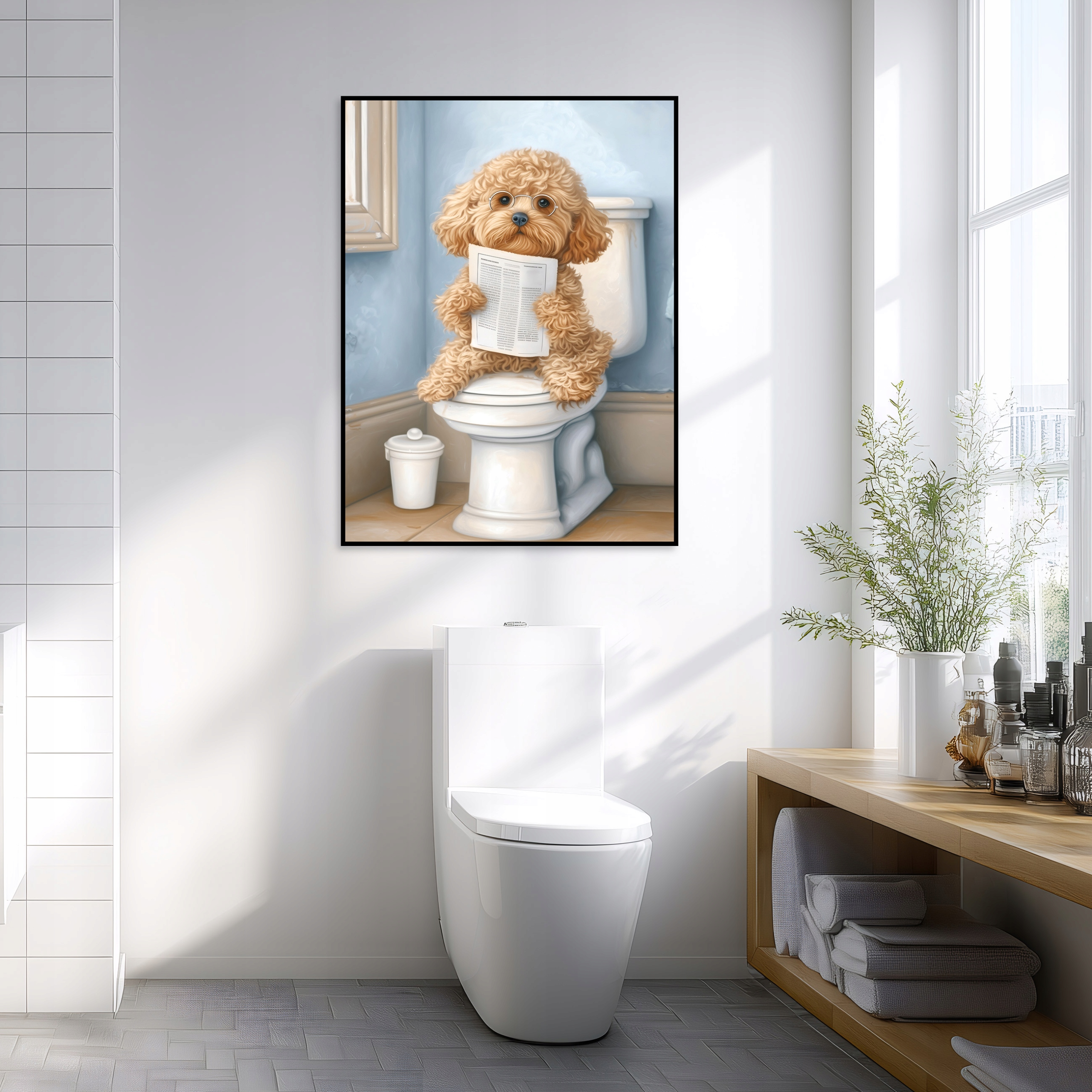 Black-framed canvas print for the bathroom featuring a funny dog on a toilet, 60x40 cm