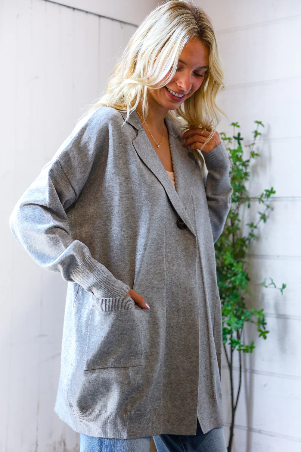 Grey Single Button Collared Open Cardigan with Pockets