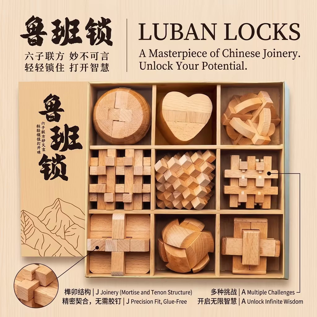 Luban Lock 9-Piece Wooden Puzzle Set | Traditional Chinese Mortise and Tenon Brain Teasers 鲁班锁 9 件套装 | 中国传统榫卯益智解锁玩具