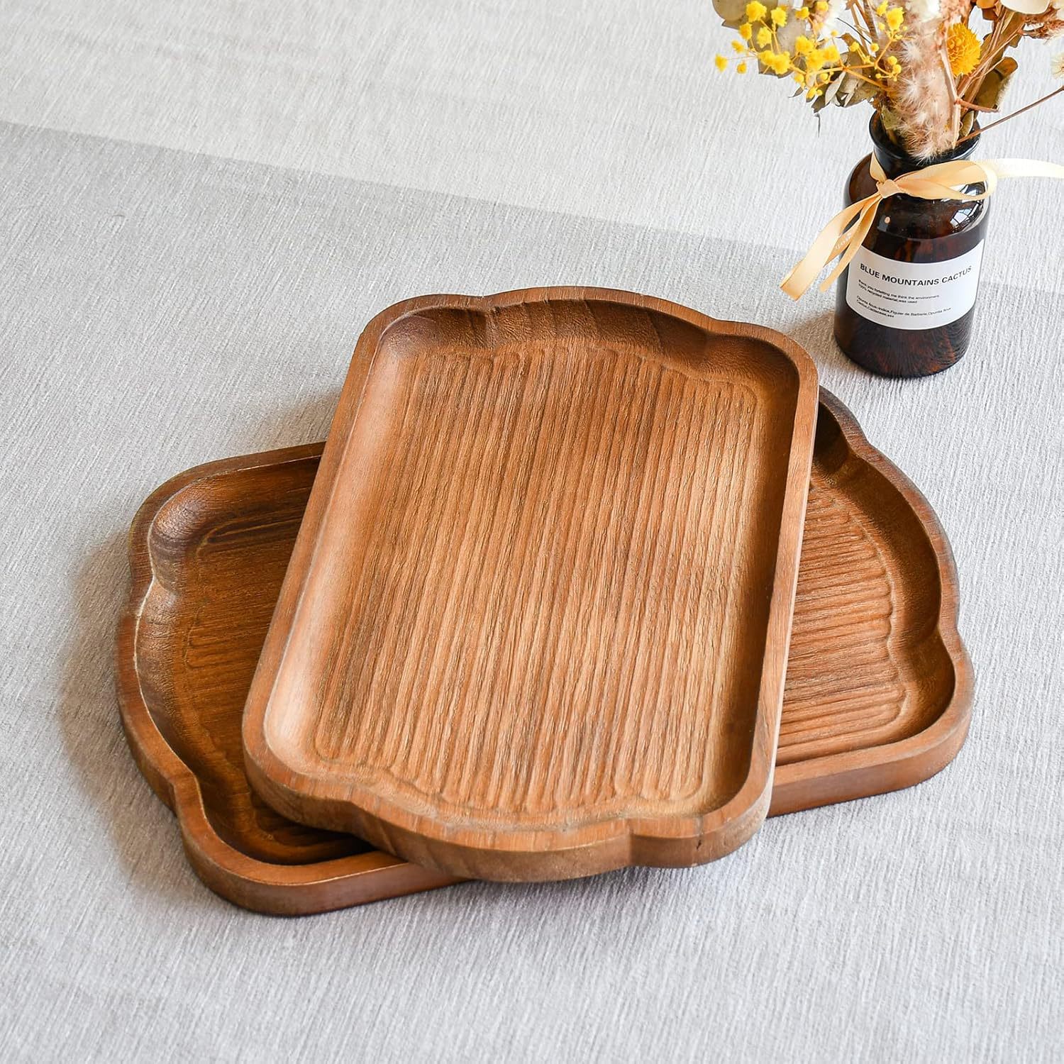 Country-style wooden serving tray set of 2 brown rectangular decorative tray farmhouse cooked food plate.