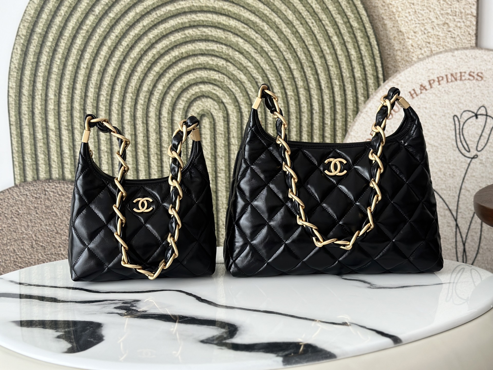 Black Shiny Calfskin Quilted Hobo Bag (Model AS4382) - Mocuir