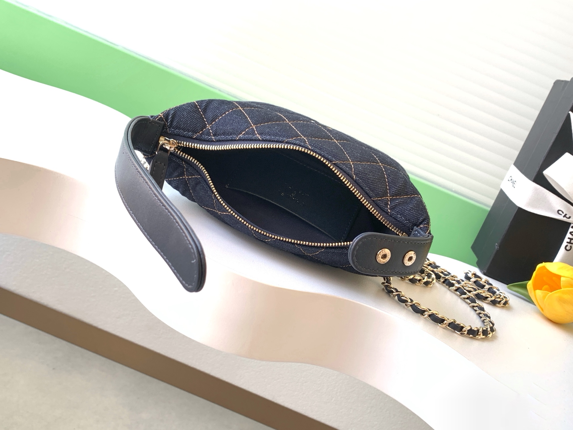 26S Spring-Summer Quilted Denim Hobo Bag with Handle in Dark Blue with Gold Hardware (Model AS5653) - Mocuir