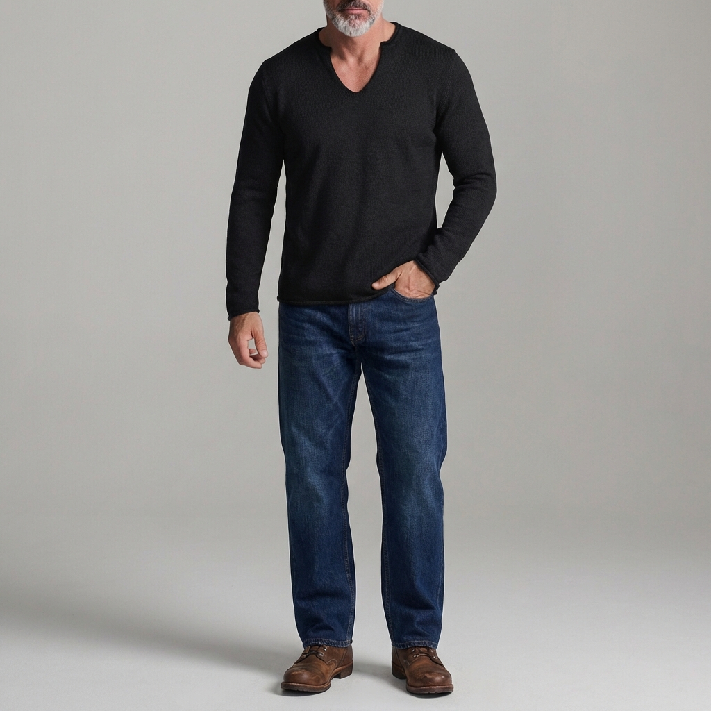 Men's Casual Solid V Split Neck Long Sleeve Knit Sweater