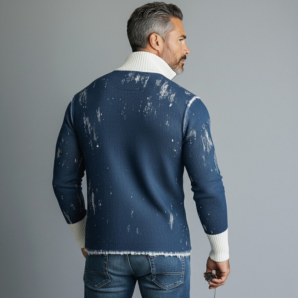 Men'S Blue Knitted And White Ribbed Half-Zip Long-Sleeved Sweater